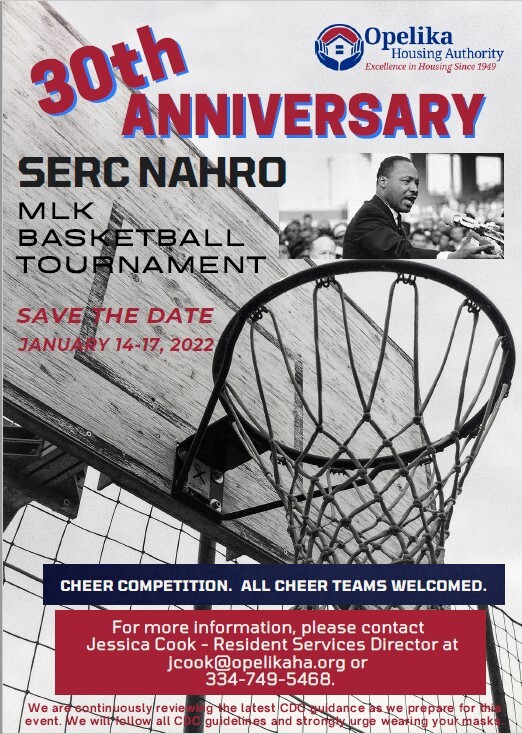 An event flyer with a basketball hoop and a photo of MLK, all information on the flyer is included above