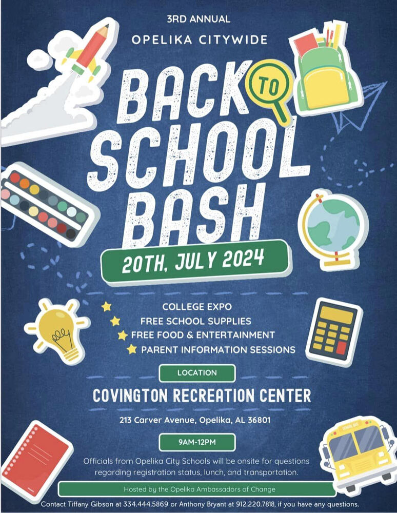 Opelika Citywide Back to School Bash Flyer with school items like backpack, pencil, globe, calculator, and school bus graphics